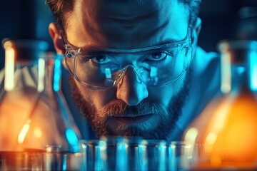 Poster - scientist conducting experiments with colorful liquids in a laboratory setting at night