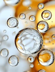 Poster - Macro photography of water drops and bubbles with orange and white background creating abstract artistic composition with light refraction and transparency effects.