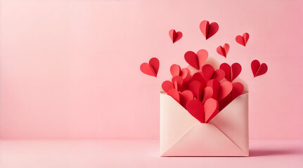 Wall Mural - Valentine's Day Background. Paper hearts and envelope on pink background. Top view. Valentine's Day greeting card. Generative AI