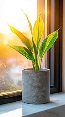 Wall Mural -  A potted plant placed on a window sill under direct sunlight through the window