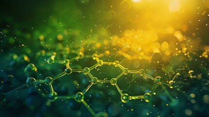Poster - Glowing molecular structure with green and yellow bokeh effect against dark background, scientific concept for chemistry, biology and medical research.