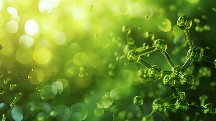Poster - Molecular structure floating in green bokeh background with glowing particles and depth of field effect creates scientific atmosphere.