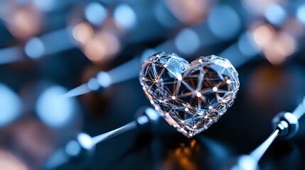 Poster - Crystal heart shape with geometric facets reflecting light against dark blurred background with bokeh effect creates romantic atmosphere for valentines and love themes.