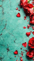 Wall Mural -   Red roses on green table with red hearts on turquoise surface