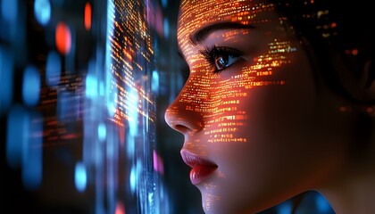 Poster - Female profile illuminated by digital code projections with glowing blue and orange lights creating futuristic cyberpunk atmosphere for technology concepts.