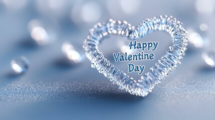 Poster - Crystal heart shape with Happy Valentine's Day text on sparkling blue background with bokeh effect. Romantic holiday greeting card concept for love celebration.