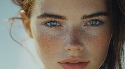 a woman with freckles on her face and a blue sky in the background