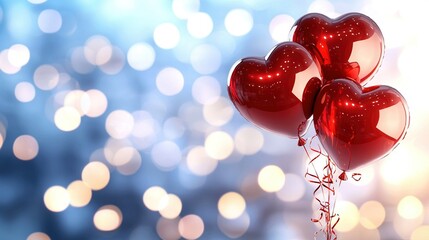 Wall Mural -   A group of red heart-shaped balloons float on a string in front of a blue and white bokeh of lights