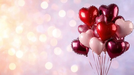 Wall Mural -   A group of red and white balloons with heart shapes in front of a fuzzy background of pink and white light sources