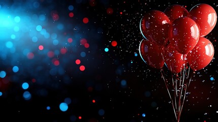 Poster -   Red balloons float in a black background under blue and red lights