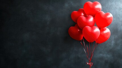 Wall Mural -   A bouquet of red heart-shaped balloons on a black backdrop with a bow attached