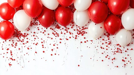 Wall Mural -   A group of red and white balloons with red and white confetti on their bases