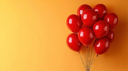 Wall Mural -   Red heart-shaped balloons on yellow background with balloon shadow