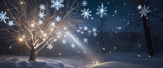 Wall Mural - An exquisite depiction of delicate snowflakes falling gently amid twinkling lights creating magical moments during winter celebrations