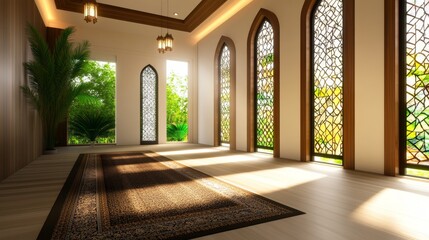 Wall Mural - Serene interior of a sunlit room with intricate windows, lush greenery outside, and a cozy rug