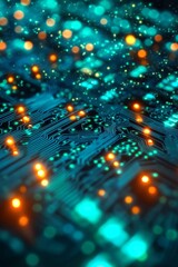Poster - This is a closeup view that reveals a vibrant and dynamic electronic circuit board, adorned with glowing particles and intricate designs, truly showcasing the remarkable beauty of modern technology