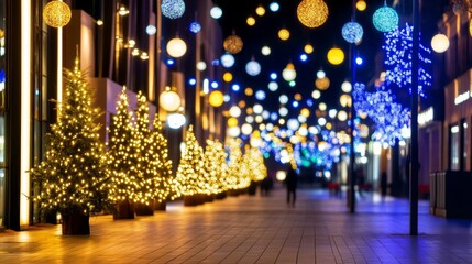 Wall Mural - Festive street adorned with glowing Christmas tree and colorful light, creating a joyful atmosphere