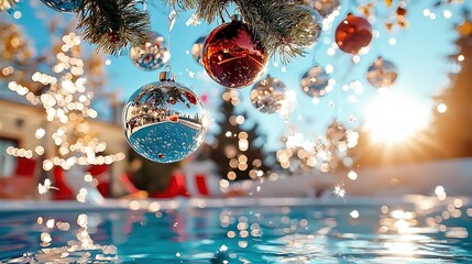 Wall Mural -   A Christmas ornament hangs from a tree next to a swimming pool, adorned with festive decorations on its branches