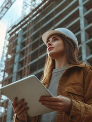 Poster - A woman engineer with tablet standing on construction site, working.