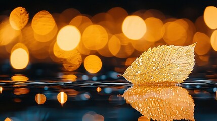 Wall Mural -   A yellow leaf resting atop shimmering water amidst radiant background lights