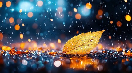 Wall Mural -   Yellow leaf on water next to blue-black backdrop with raindrops