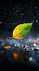 Wall Mural -   Green leaf drifting on water, droplets nearby