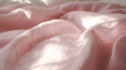 Poster - Close-up view of gently wrinkled pink linen bed sheets, softly illuminated by natural light, exuding a sense of warmth, comfort, and tranquility in a serene bedroom setting