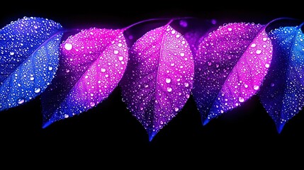 Wall Mural -   A group of vibrant purple and blue foliage with droplets of water on them, set against a dark backdrop