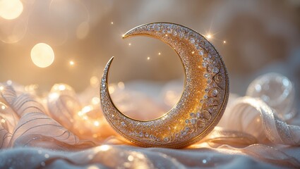 Poster - Golden crescent moon ornament sparkling in soft light with delicate swirls and decorative details showcasing intricate craftsmanship