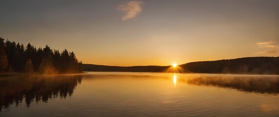 Wall Mural - An enchanting portrayal of sunrise casting its golden light over a still lake where tranquility reigns and nature awakens