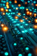 Fototapete - A closeup photo of an illuminated circuit board shows an intricate design with glowing particles in vibrant colors, enhancing its appeal and complexity, representing modern technology