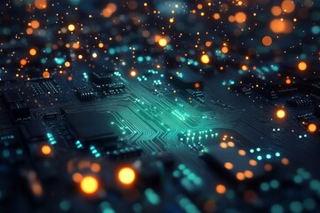 Poster - This stunning image shows a captivating view of an advanced electronic circuit board, with glowing particles and vibrant colors that highlight the intricacies of modern circuitry technology