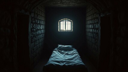 Wall Mural - A dark prison cell with stone walls iron bars and an old bed symbolizing captivity isolation