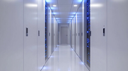 Poster - Big data storage facility featuring narrow corridor lined with server racks and illuminated with blue LED lights. Generative AI