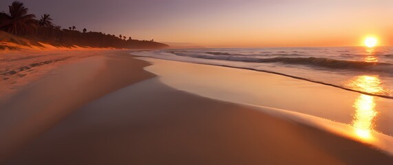Wall Mural - An artistically rendered portrait of a tranquil beach at sunset where warm colors blend seamlessly into the gentle waves lapping the shore