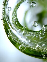 Poster - Macro shot of swirling water and air bubbles in green liquid creating dynamic spiral pattern with transparent spherical droplets against white background.