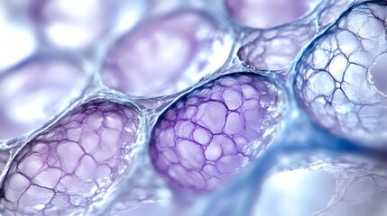 Poster - Microscopic view of cell structure in purple and blue tones showing biological tissue membrane patterns and cellular networks under magnification for medical research.