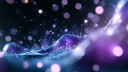 Poster - Magical purple wave with glowing particles and bokeh lights on dark background creates dreamy atmospheric composition for fantasy designs and backgrounds.