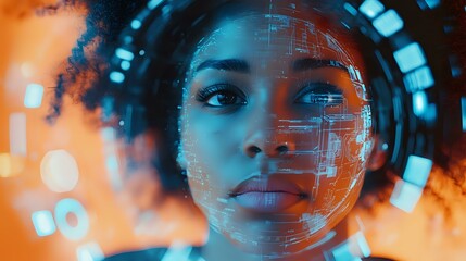 Poster - Young African American woman with digital interface projection on face in futuristic orange and blue environment showing artificial intelligence and facial recognition concept.