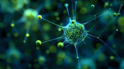 Poster - Microscopic view of glowing green virus cell with extending spikes on dark background, scientific visualization for medical research and education purposes.