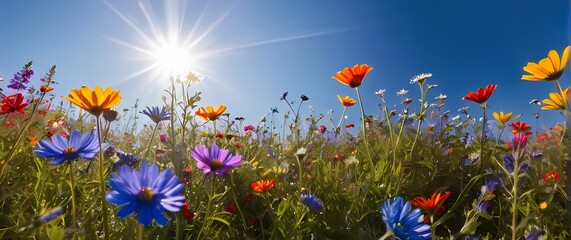 Wall Mural - A whimsical portrayal of vibrant wildflowers in bloom against a bright blue sky capturing the essence of carefree summer days