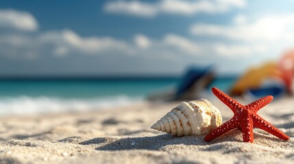 Wall Mural - Seashell and starfish on sandy beach with ocean background