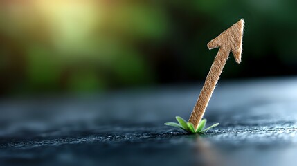 Poster - Growing arrow symbol emerging from crack in concrete with green sprout, representing breakthrough, growth and success against natural bokeh background.