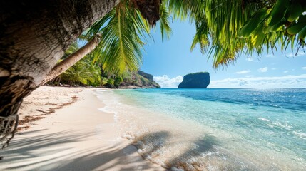 Wall Mural - Tropical paradise beach with clear water, lush palms, and unique rock formation