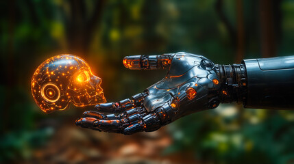 Poster - futuristic robotic hand holding glowing ai skull symbolizing responsible innovation