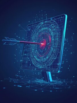 Business concept. Arrow on target board on computer monitor screen. The company's digital sales target. Low poly wireframe on technology light blue background. Copy paste area for text and brand. i l