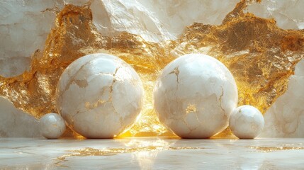 Poster - Luxurious Marble Spheres with Golden Veins and Glimmering Background: An Abstract Composition of Art, Texture, and Light Reflecting on a Polished Surface