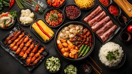 Wall Mural - Delicious Asian hot pot feast with spicy ingredients, fresh vegetables, chili peppers and flavorful broth. Top-down view of gourmet spread with bold and exotic flavors