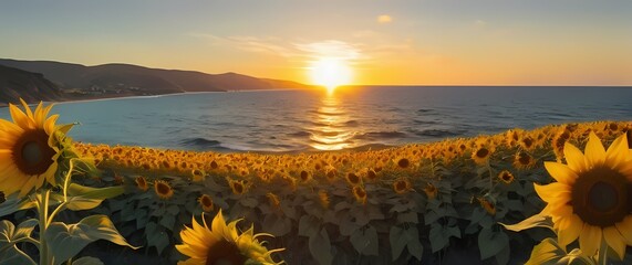 Wall Mural - A vibrant view of a sunflower field by the sea where waves crash on the shore and sunflowers sway in a colorful celebration of life