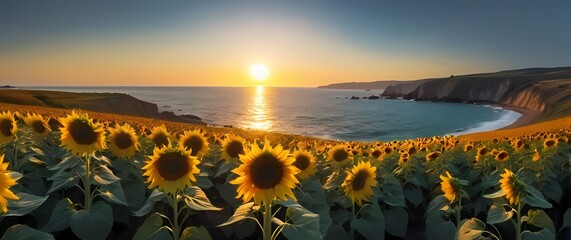 Wall Mural - A vibrant view of a sunflower field by the sea where waves crash on the shore and sunflowers sway in a colorful celebration of life